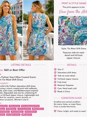 Lilly Pulitzer Size 0 Blue Coastal Scenic Print Tie Waist Shift Dress